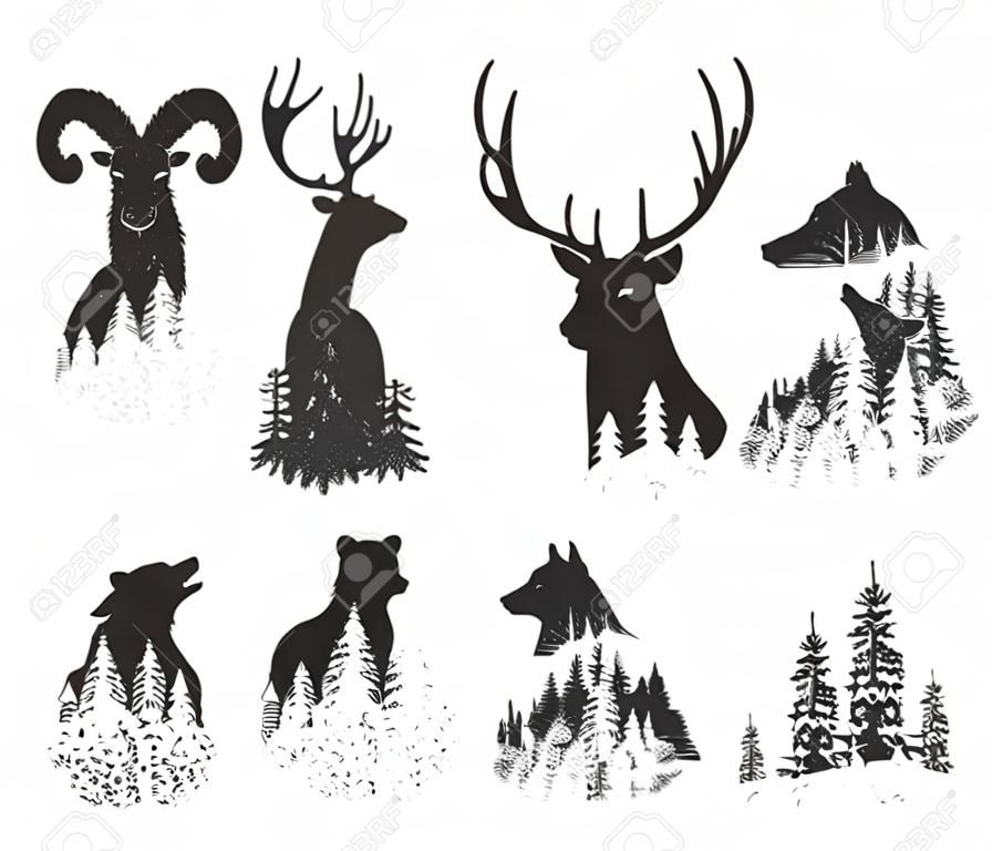 野生動物のベクターイラストは、森林セットに移行ヘッド。シンプルなステンシルシルエットアイコン図面。鹿、イノシシ、オオカミ、クマ、キツネ、山頂山。ヴィンテージ手描きスタイル