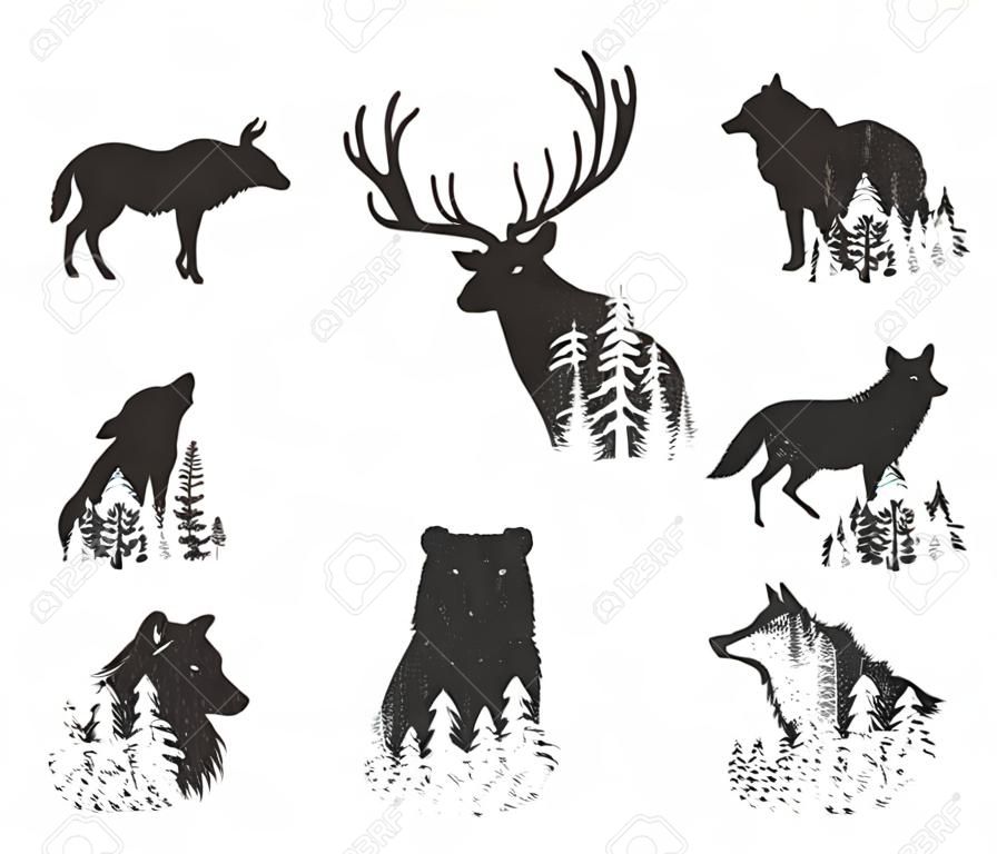 숲 세트로 전환하는 야생 동물 머리의 벡터 그림. 간단한 스텐실 실루엣 아이콘 그림입니다. 사슴, 멧돼지, 늑대, 곰, 여우, 산 염소. 빈티지 손으로 그린 스타일
