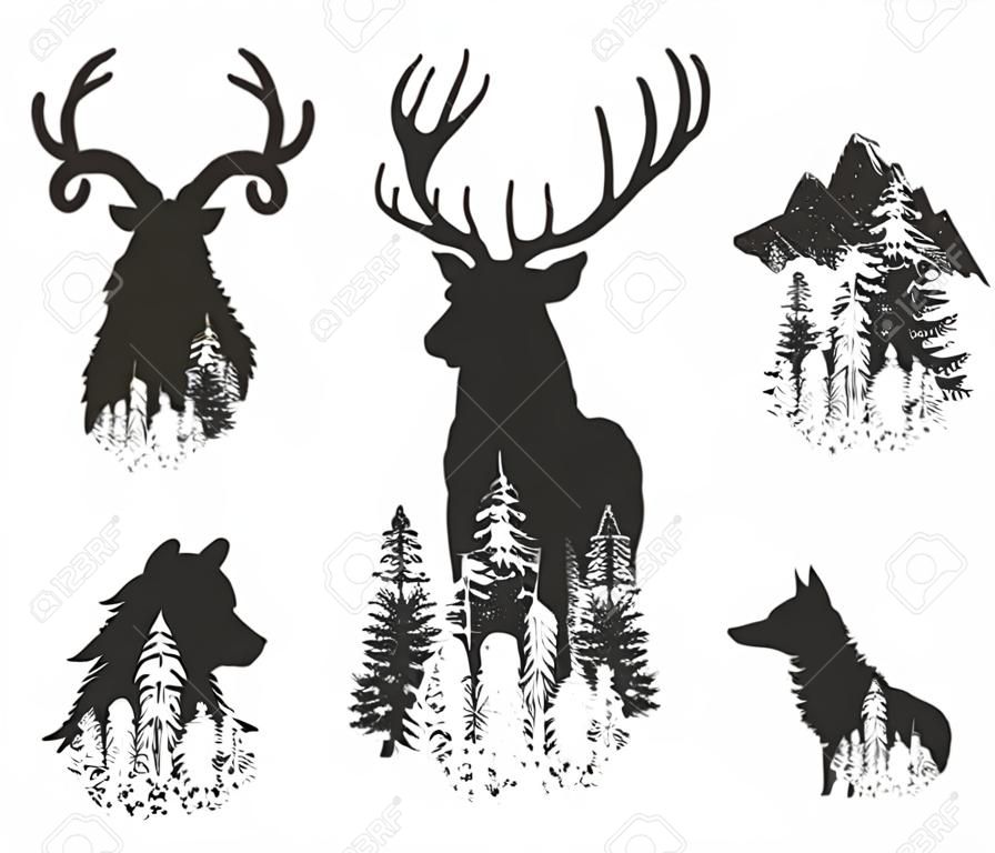Illustration vectorielle de têtes d'animaux sauvages en transition vers l'ensemble de la forêt. Dessins d'icônes de silhouette simple au pochoir. Cerf, sanglier, loup, ours, renard, chèvre de montagne. Style vintage dessiné à la main