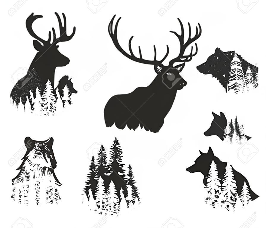 Ilustración de vector de cabezas de animales salvajes en transición al bosque. Dibujos de icono de silueta de plantilla simple. Ciervos, jabalíes, lobos, osos, zorros, cabras montesas. Estilo vintage dibujado a mano