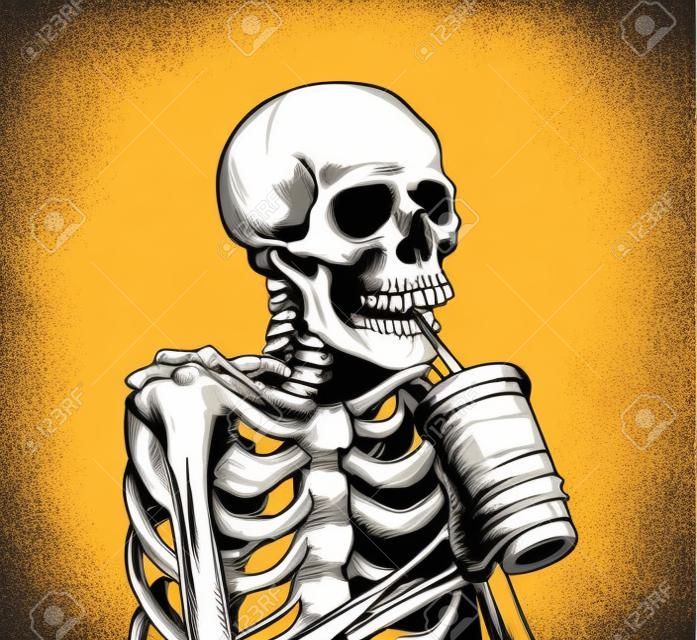 Illustrazione vettoriale del cranio scheletro morto che beve caffè dalla tazza di carta da asporto attraverso la paglia. Passione bevanda aromatica calda. Stile vintage disegnato a mano.