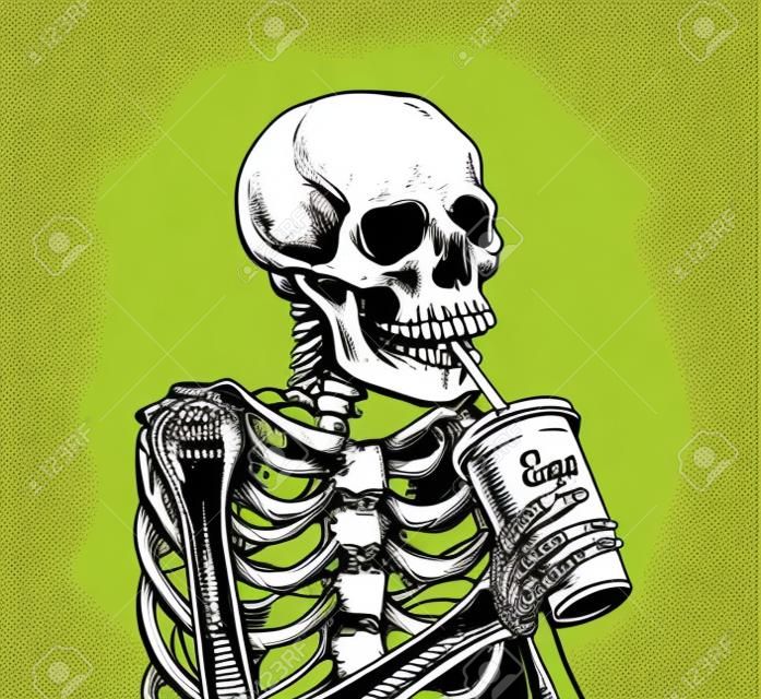 Vector illustration of dead skeleton skull drinking coffee from paper takeaway cup through straw. Hot aroma drink passion. Vintage hand drawn style.