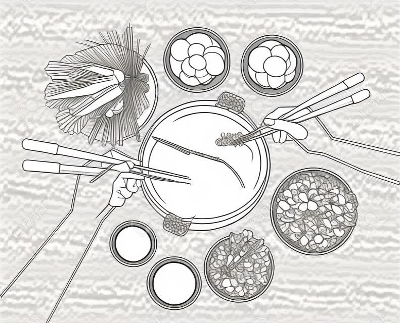 젓가락으로 샤브샤브 전통 일본 동양 요리를 먹는 2명의 그룹 손에 대한 벡터 삽화. 빈티지 손으로 그린 조각 에칭 스타일.