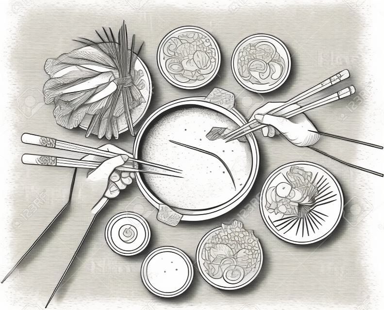 Ilustración vectorial de 2 personas en grupo manos comiendo Shabu Shabu tradicional plato oriental japonés con palillos. Estilo grabado grabado a mano vintage.
