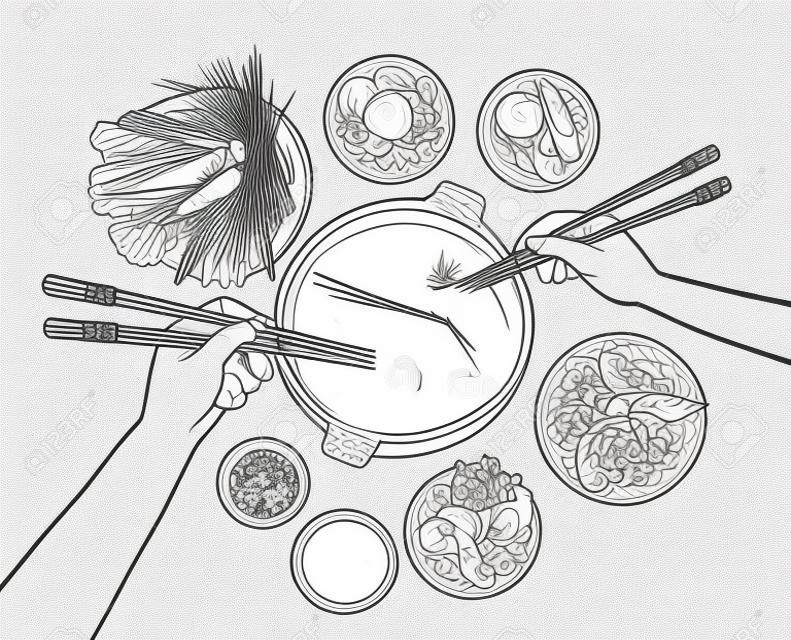 Illustrazione vettoriale di 2 mani di gruppo di persone che mangiano Shabu Shabu tradizionale piatto orientale giapponese con le bacchette. Stile inciso con incisione disegnata a mano vintage.