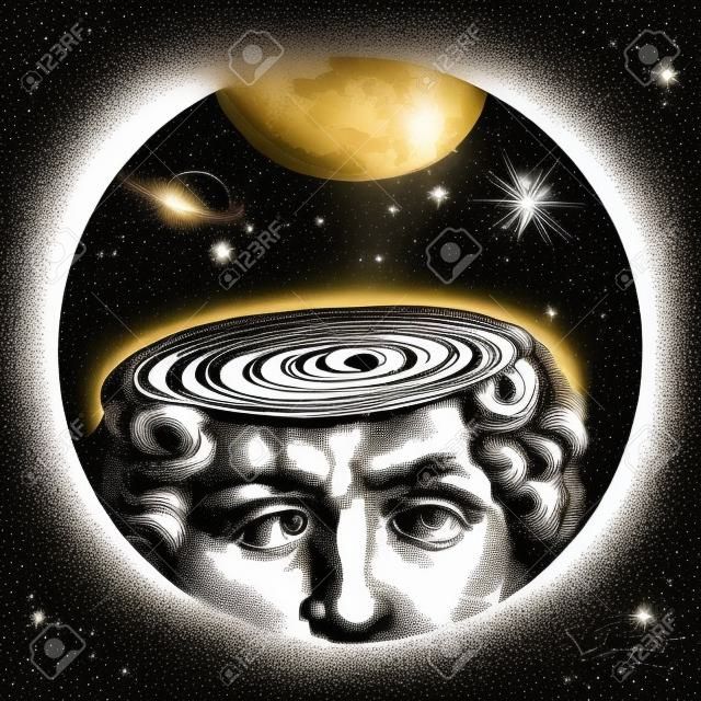 데이비드 머리의 벡터 손으로 그린 그림은 행성과 별이 있는 우주 공간 위에 골동품 미켈란젤로 동상을 마주하고 있습니다. 빈티지 새겨진 스타일의 포르나세티 아트 플레이트. 흰색 배경에 고립.