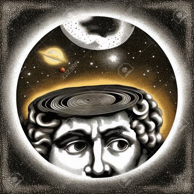 Vector hand drawn illustration of David head face antique Michelangelo statue over cosmic space with planet and star. Fornasetti art plate in vintage engraved style. Isolated on white background.