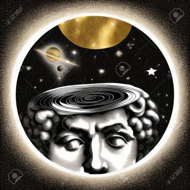 데이비드 머리의 벡터 손으로 그린 그림은 행성과 별이 있는 우주 공간 위에 골동품 미켈란젤로 동상을 마주하고 있습니다. 빈티지 새겨진 스타일의 포르나세티 아트 플레이트. 흰색 배경에 고립.