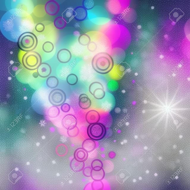 Abstract Circles and Snowflakes of llight with Raibow Colours Background