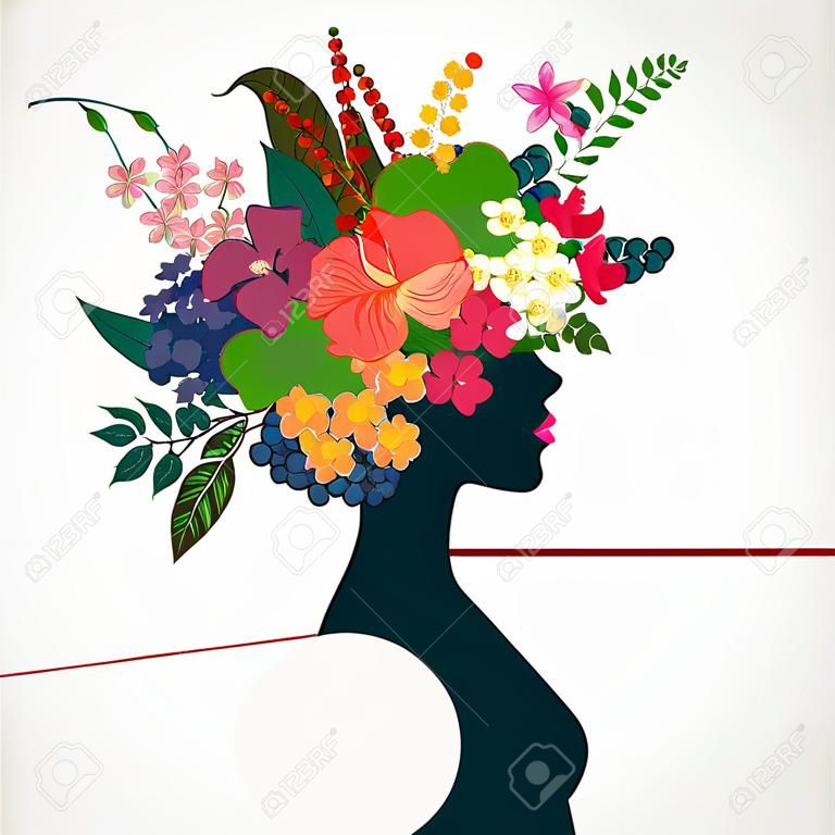 Gyönyörű profil fiatal nő tropicl virágok örökös haj. Vektoros illusztráció üdvözlőlap szépség és a divat.