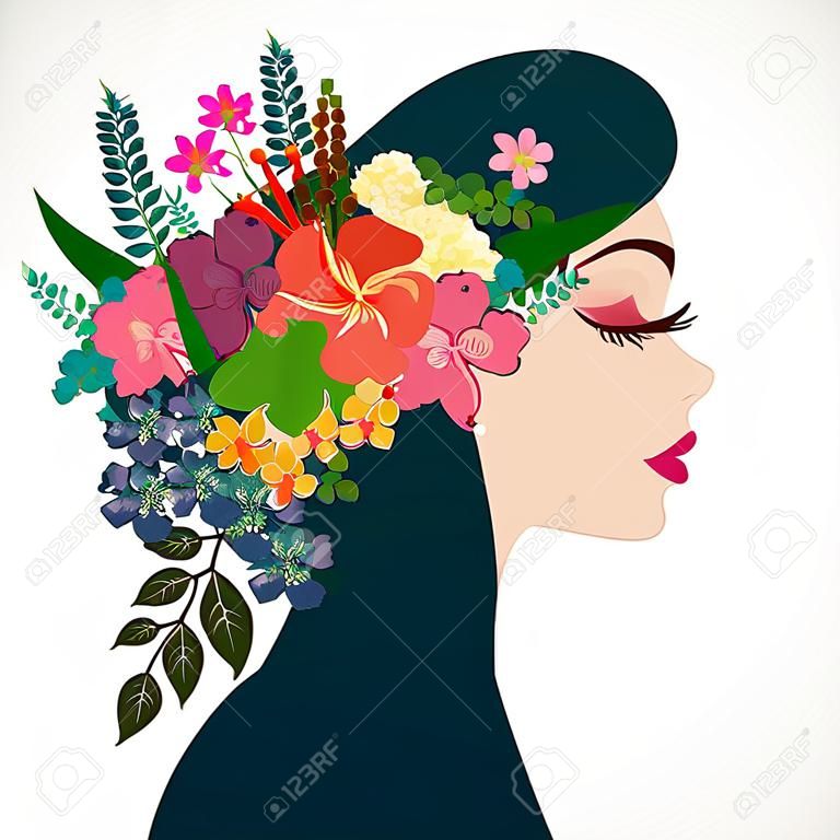 Piękny profil młoda kobieta z kwiatami w tropicl spadkobierca włosy. ilustracji wektorowych kartkę z życzeniami urody i mody.