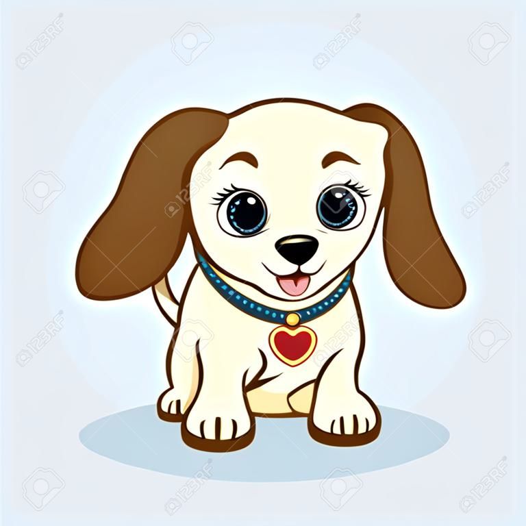 Śliczny szczeniak z ekspresyjnymi oczami i dużymi uszami. Wektor weterynarza lub symbol sklepu dla zwierząt domowych, 2018 rok. Ikona małego psa. Prosta ilustracja kreskówka.