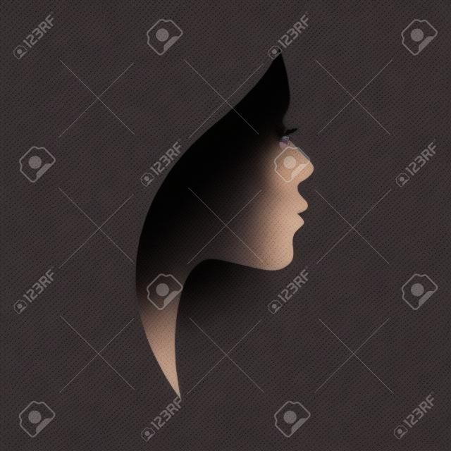 Piękna kobieta profil sylwetki z elegancką fryzurę, projekt wektor młoda kobieta twarz, głowa piękna dziewczyna z stylizowanych włosów, moda dama graficzny portret.