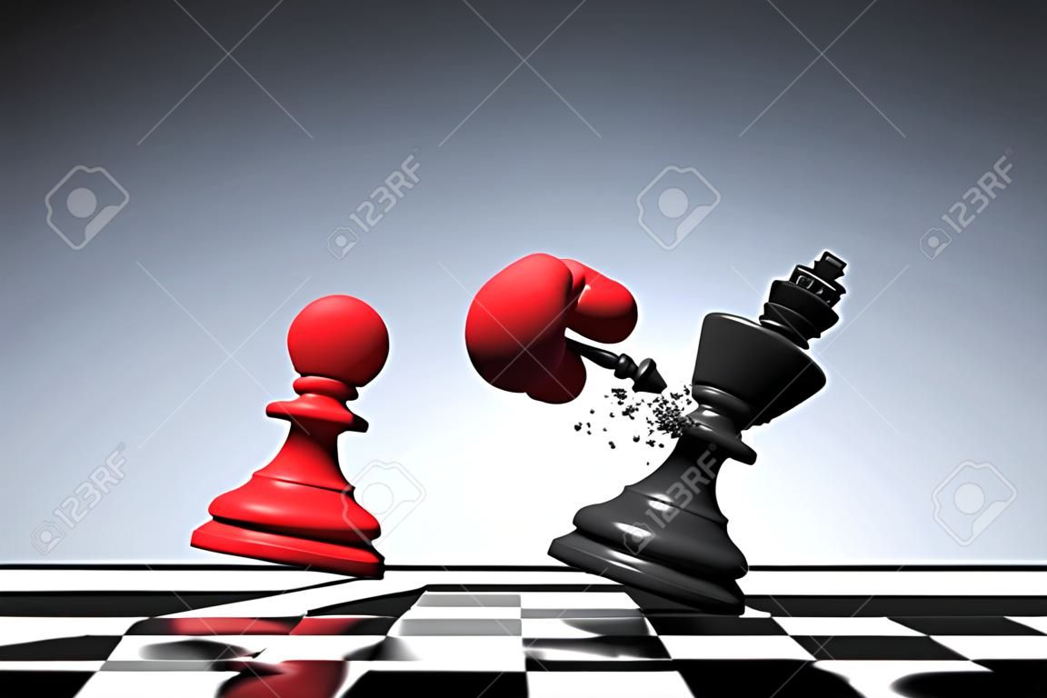 Representación 3D: ilustración del ajedrez del empeño que noquea a un rey ajedrez. Peón de perforación y la destrucción del rey con el guante de boxeo rojo en el tablero de ajedrez. golpear con el concepto de negocio de arma secreta.