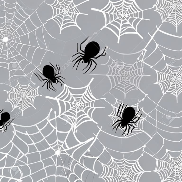 Hanging spider and cobweb halloween seamless pattern. Creepy background repeat pattern for october holidays.