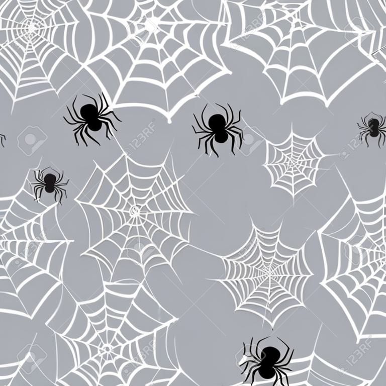 Hanging spider and cobweb halloween seamless pattern. Creepy background repeat pattern for october holidays.