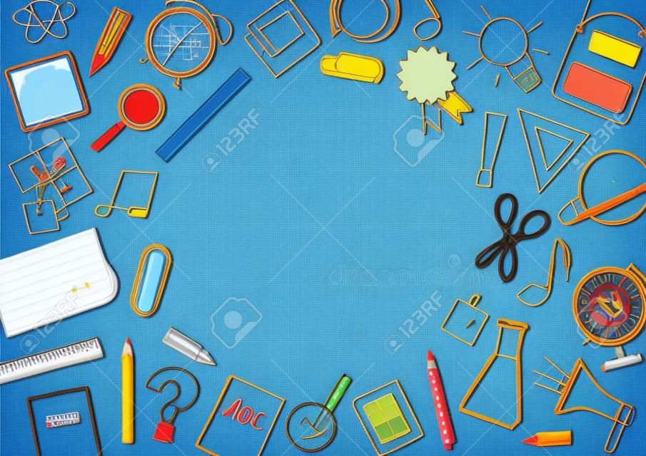 Rahmen mit Schulmaterial auf kariertem Hintergrund. Blaue Farben. Vektor-Illustration
