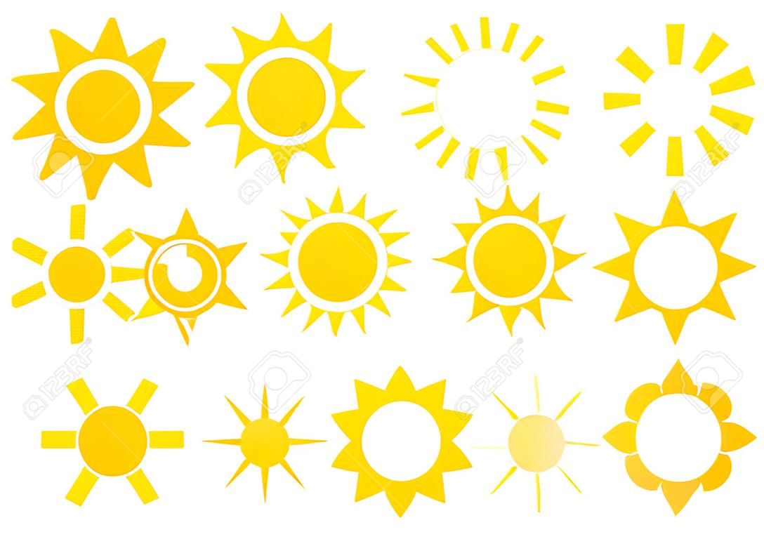 Sun icons, summer set. Yellow and orange colors, different shapes. Vector illustration