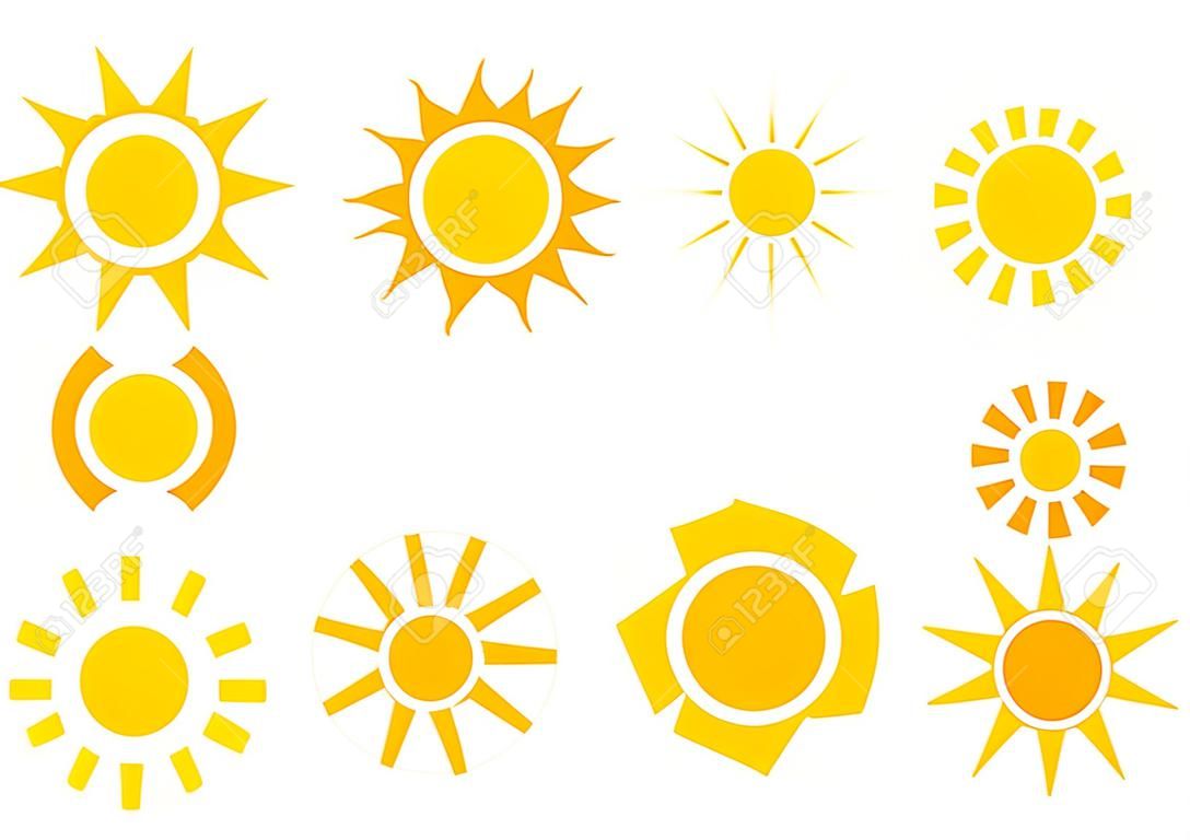 Sun icons, summer set. Yellow and orange colors, different shapes. Vector illustration