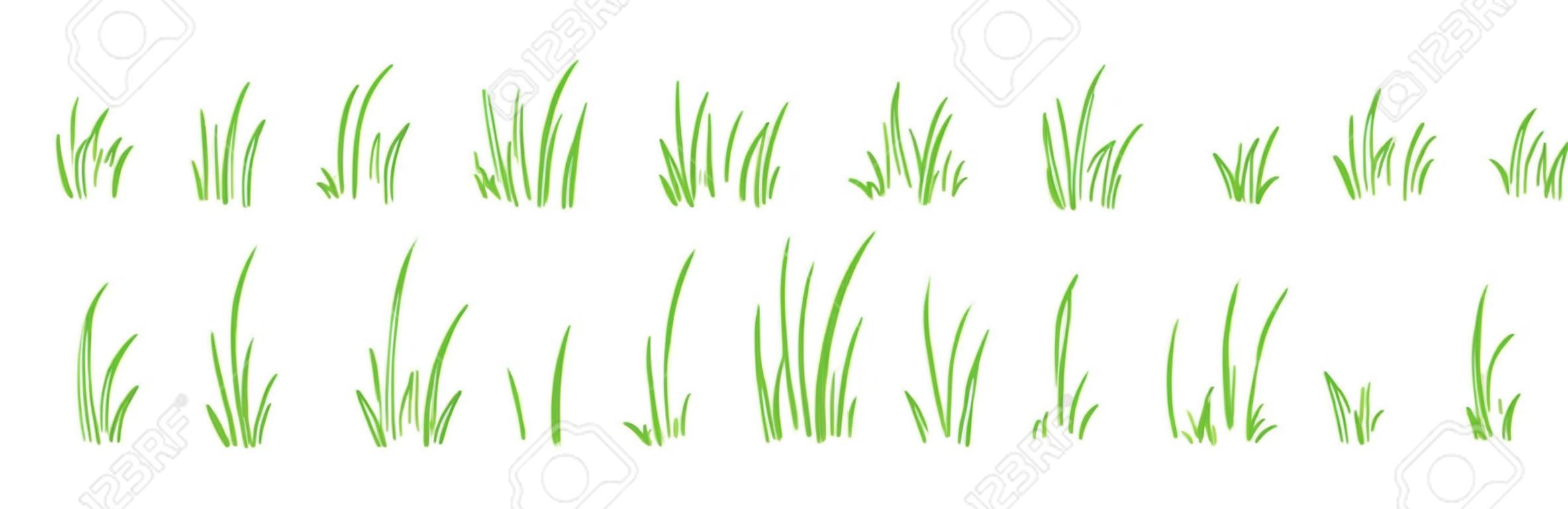 Ensemble de vecteurs de ligne de brousse d'herbe dessinés à la main, éléments de croquis prairie et paysage, pelouse de griffonnage, conception de contour de bordure verte isolée sur fond blanc. Illustration de la nature