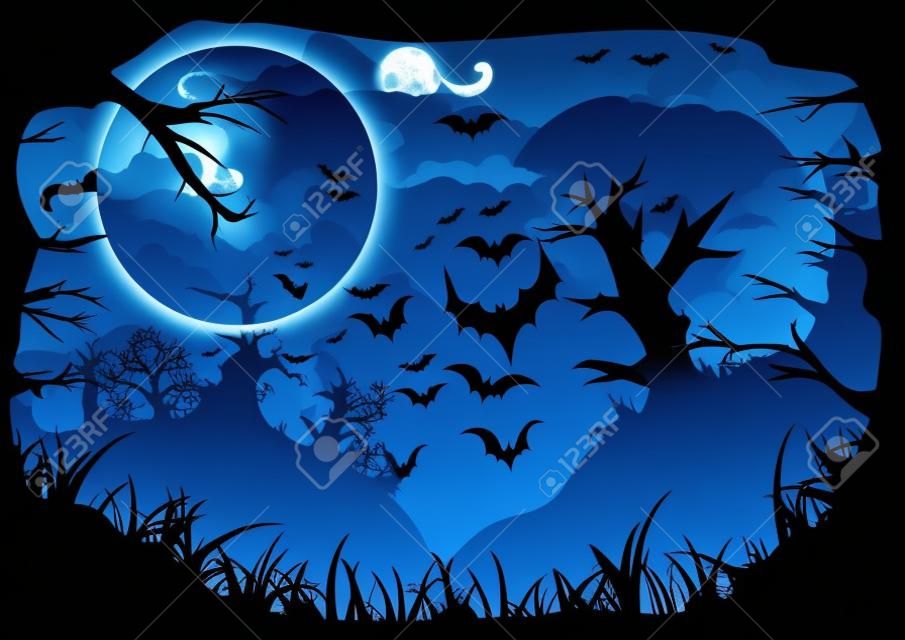 Halloween blue spooky a4 frame border with moon, death trees and bats. Vector background with place for text