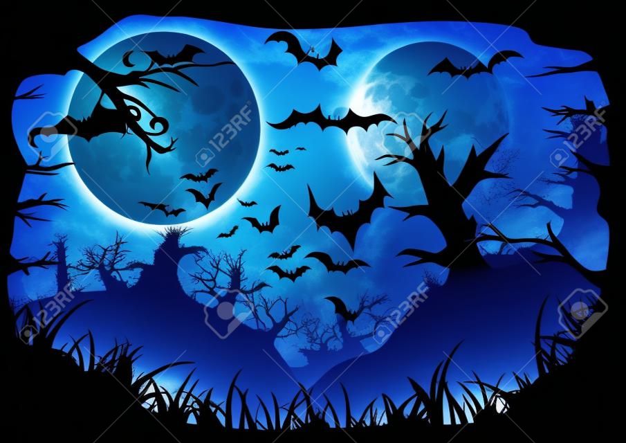Ay, ölüm ağaçları ve yarasalar ile Halloween mavi ürkütücü a4 çerçeve sınır. Metin için yer Vector background