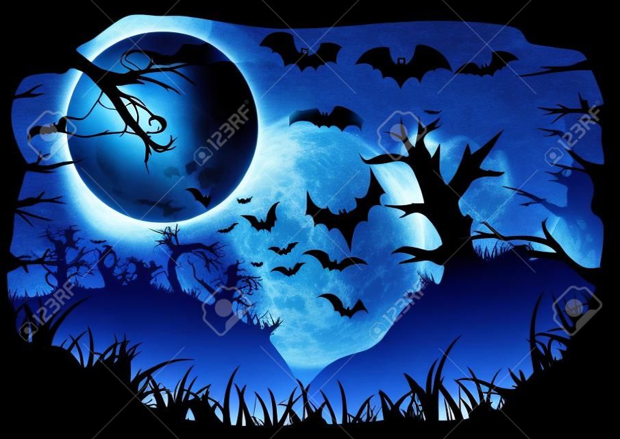 Halloween blue spooky a4 frame border with moon, death trees and bats. Vector background with place for text