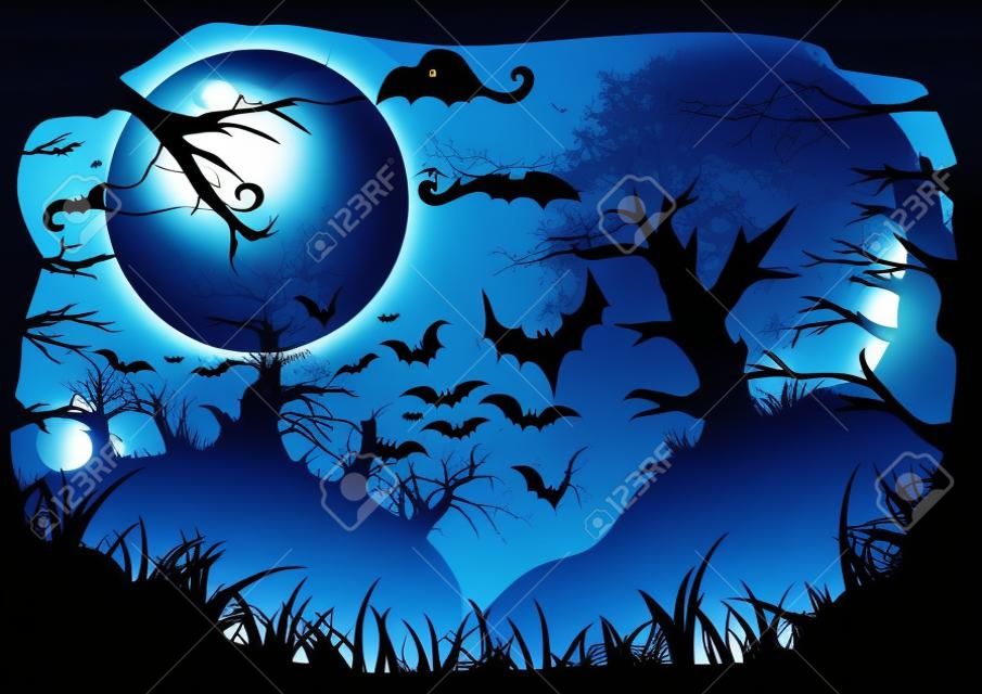 Halloween blu confine spettrale telaio a4 con la luna, gli alberi di morte e pipistrelli. Vector background con posto per il testo