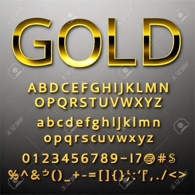 Gold Buchstaben, alphabetischen Schriften mit Zahlen und Symbolen.