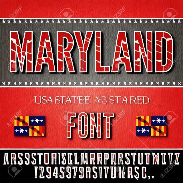 Maryland USA state flag font. Alphabet, numbers and symbols stylised by state flag. Vector typeset