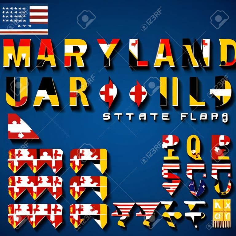 Maryland USA state flag font. Alphabet, numbers and symbols stylised by state flag. Vector typeset