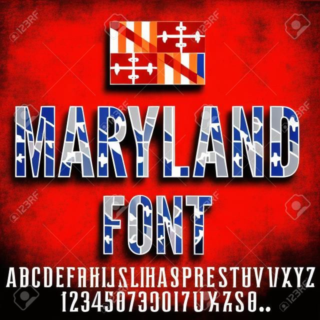 Fonte tipografica della bandiera dello stato di Maryland USA Alfabeto, numeri e simboli stilizzati dalla bandiera dello stato. Il vettore è composto