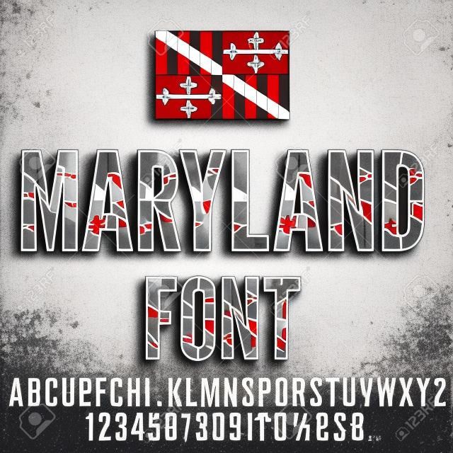 Maryland USA staat vlag lettertype. Alfabet, nummers en symbolen gestileerd door de staatsvlag. Vector typeset
