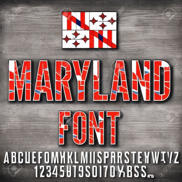 Maryland USA staat vlag lettertype. Alfabet, nummers en symbolen gestileerd door de staatsvlag. Vector typeset