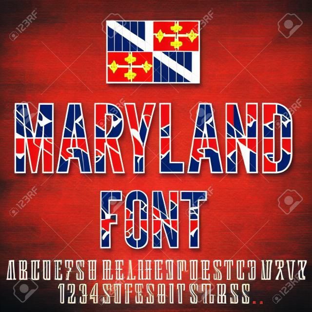 Fonte tipografica della bandiera dello stato di Maryland USA Alfabeto, numeri e simboli stilizzati dalla bandiera dello stato. Il vettore è composto