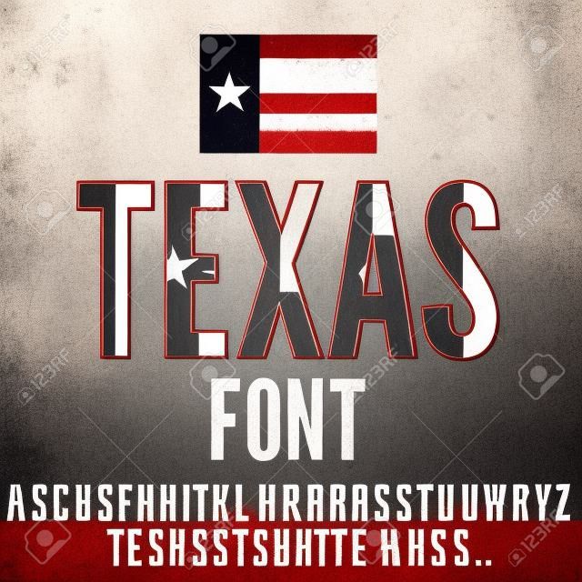 Police de drapeau d'état du Texas USA. Alphabet, chiffres et symboles stylisés par le drapeau de l'État. Composition de vecteur