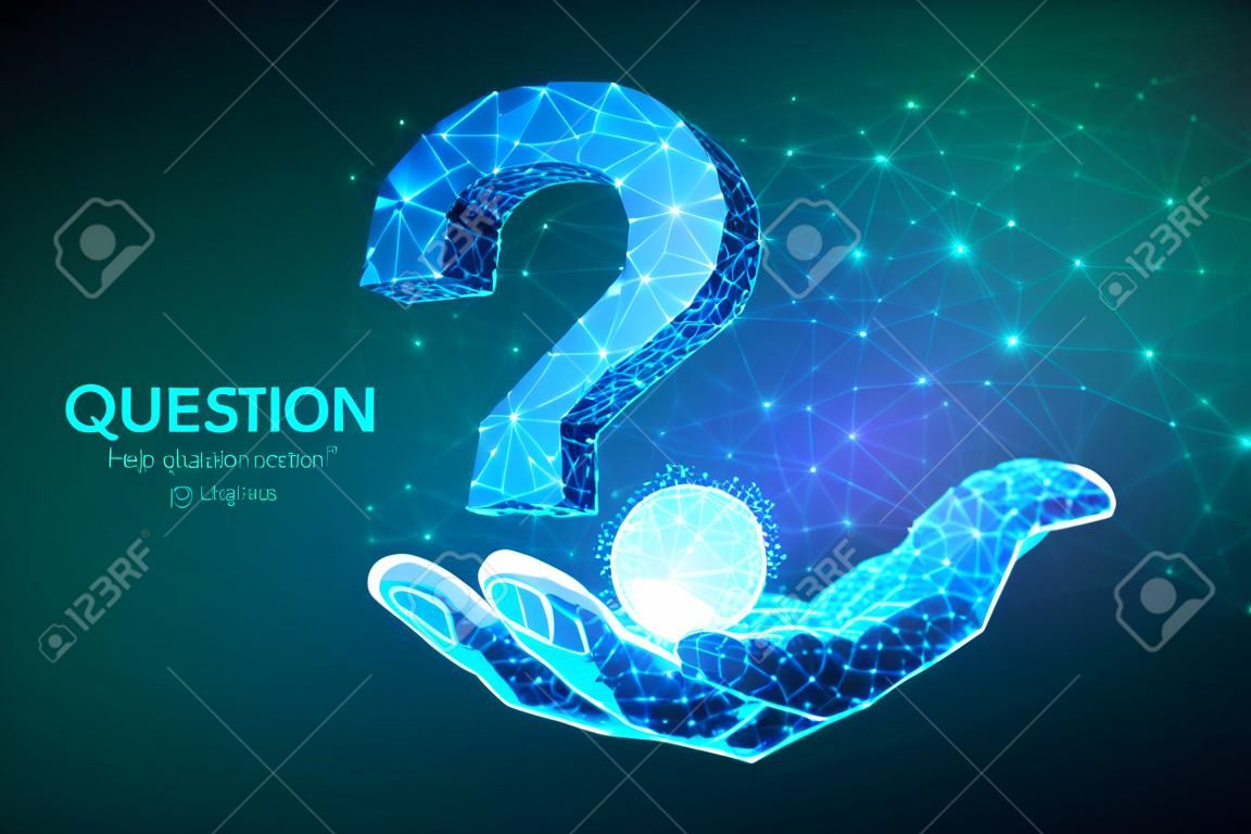 Question mark. Low poly abstract Question sign in hand. Ask symbol. Help support, faq problem symbol, think education concept, confusion search illustration or background. 3D polygonal vector