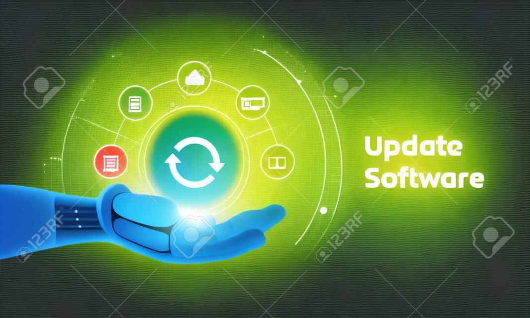 Update icon in robotic hand. Upgrade Software version concept on virtual screen. Computer program upgrade business technology internet concept. Vector illustration