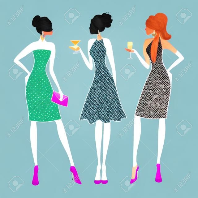 Trois jeunes filles à la mode lors d'un cocktail. Les éléments sont regroupés et couches pour l'édition facile.