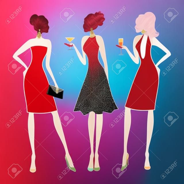 Three young fashionable girls at a cocktail party. Elements are grouped and layered for easy editing.