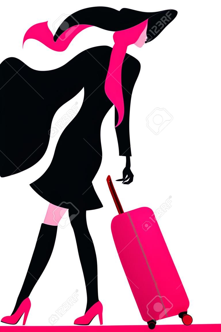 插图：一个年轻的优雅女子与手提箱孤立的白色