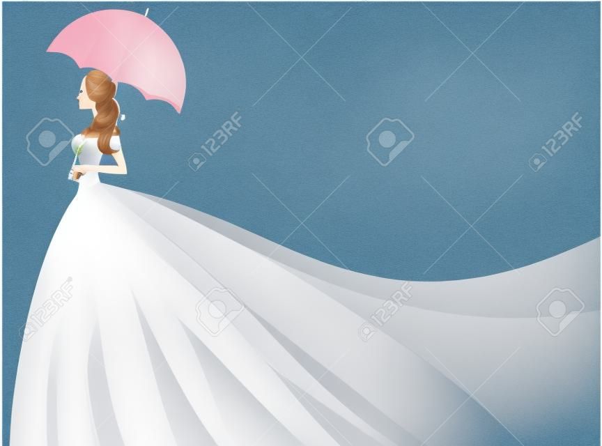 一个美丽的新娘举着雨伞完美的婚礼或婚礼请柬