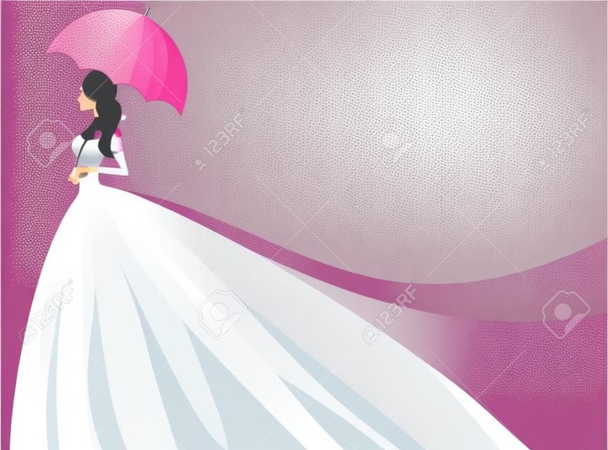 illusztráció egy gyönyörű menyasszony, aki olyan esernyőt, tökéletes menyasszonyi zuhany, vagy esküvői meghívó