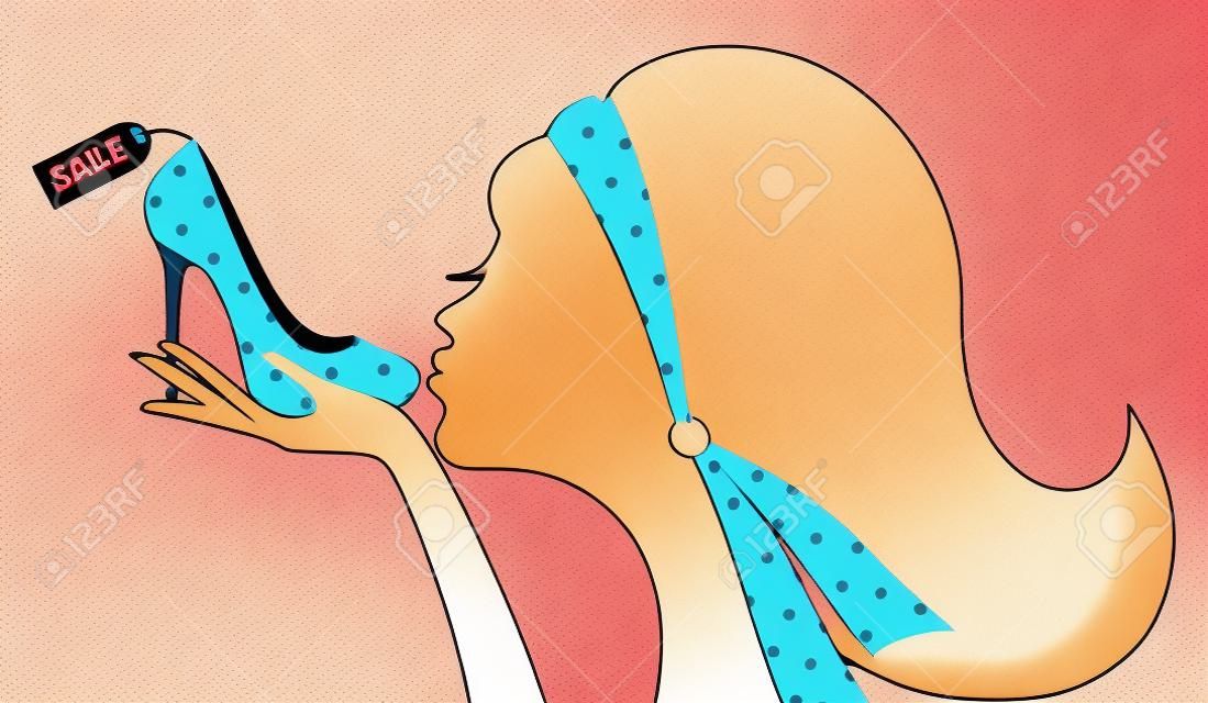 Illustration of a woman kissing a shoe with a sale tag 