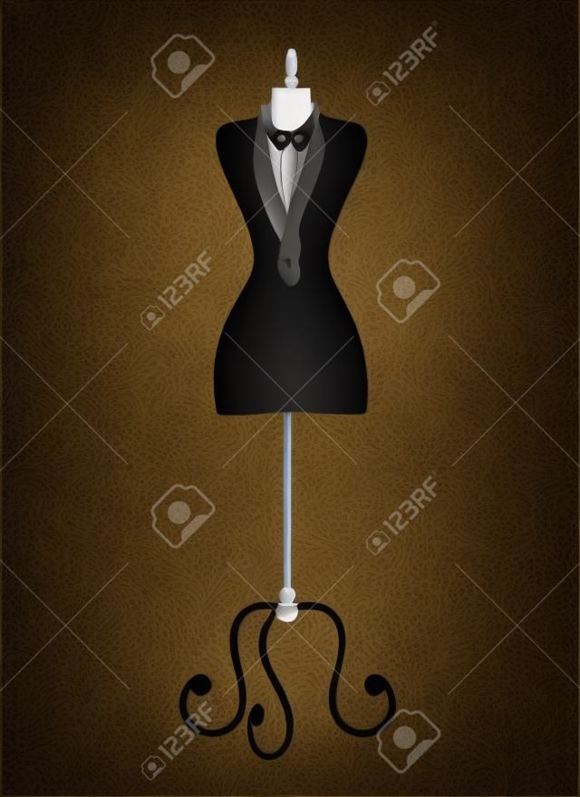 Illustration of a black tailor's mannequin against damask background.