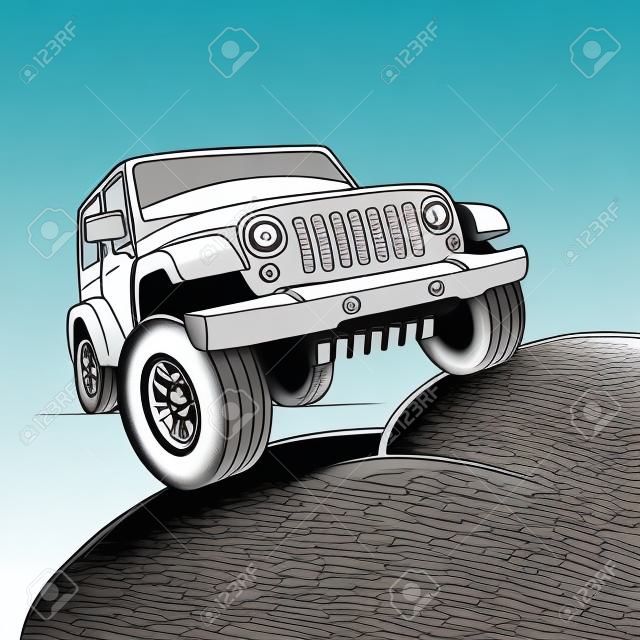 Monochrome detailed cartoon off-road car Kletterfelsen