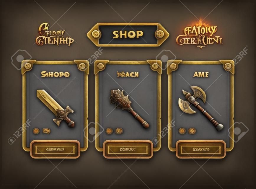 Fantasy game weapon shop concept. Game shop UI frame illustration.