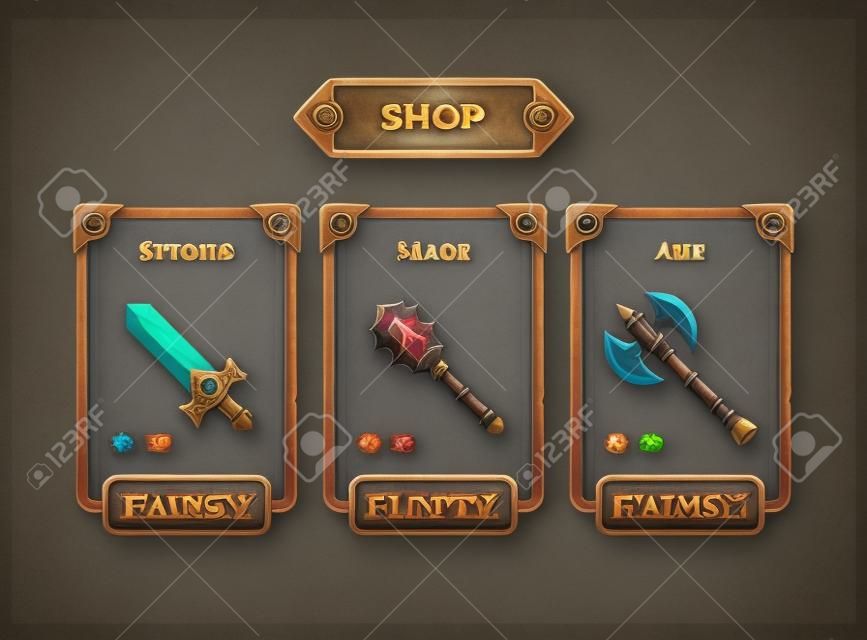 Concetto di negozio di armi del gioco di fantasia. Illustrazione del telaio dell'interfaccia utente del negozio di giochi.