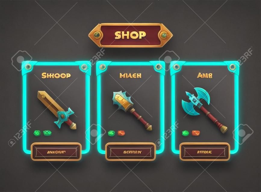 Concetto di negozio di armi del gioco di fantasia. Illustrazione del telaio dell'interfaccia utente del negozio di giochi.