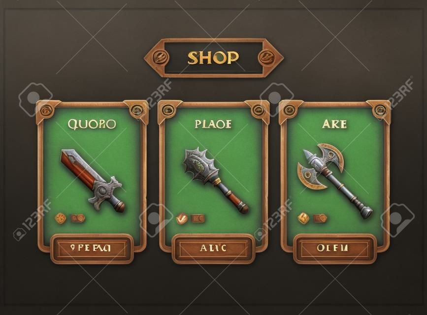 Fantasy game weapon shop concept. Game shop UI frame illustration.